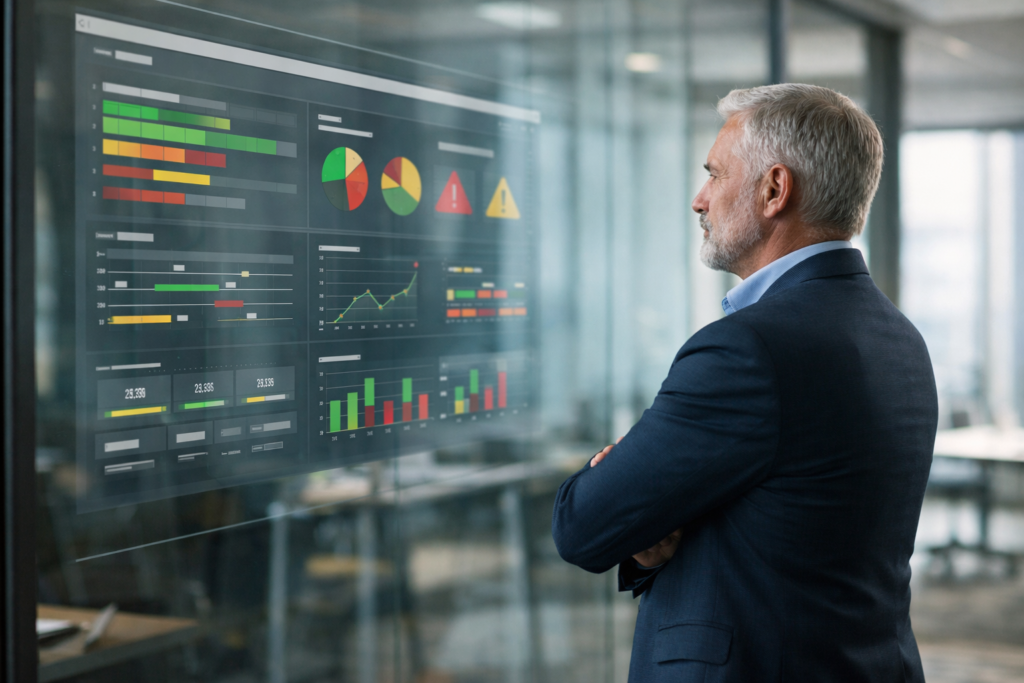 Senior ERP consultant reviewing a project governance dashboard with risk indicators in a modern corporate office.