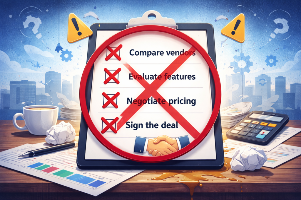 Ideal ERP selection steps marked incorrect, showing why comparing vendors and features alone does not work in real life