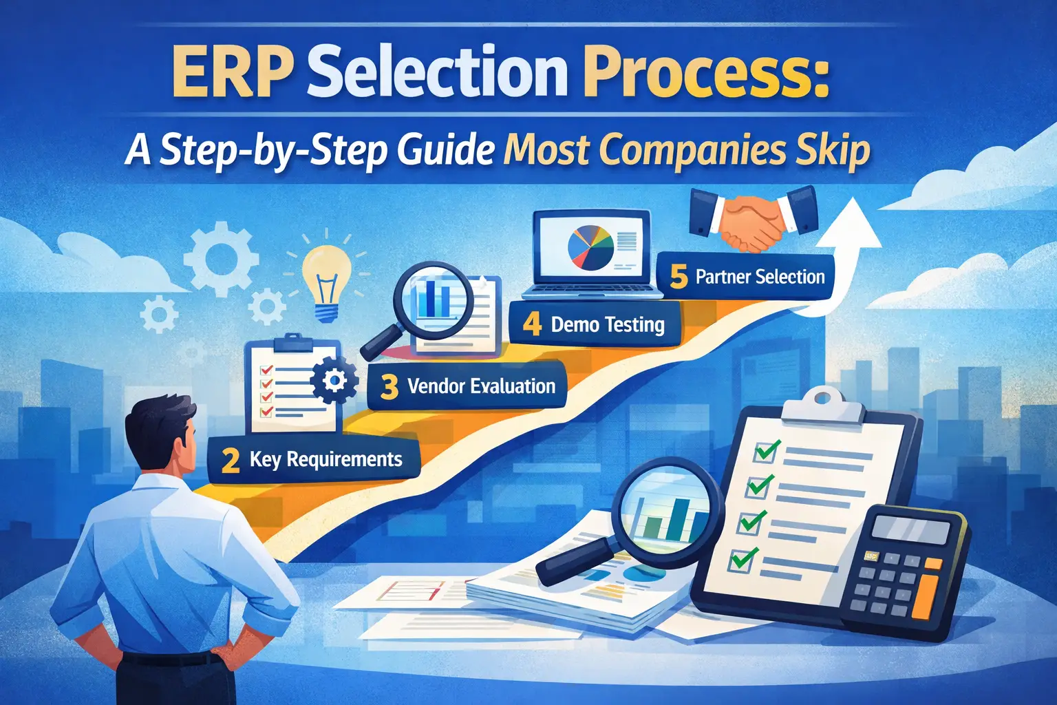ERP selection process framework illustrating requirements, vendor evaluation, demos, and partner selection