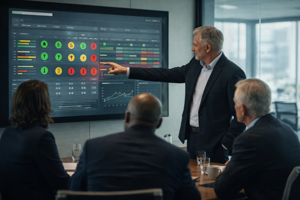 Executive leadership team reviewing ERP project dashboard with visible red and green performance indicators.
